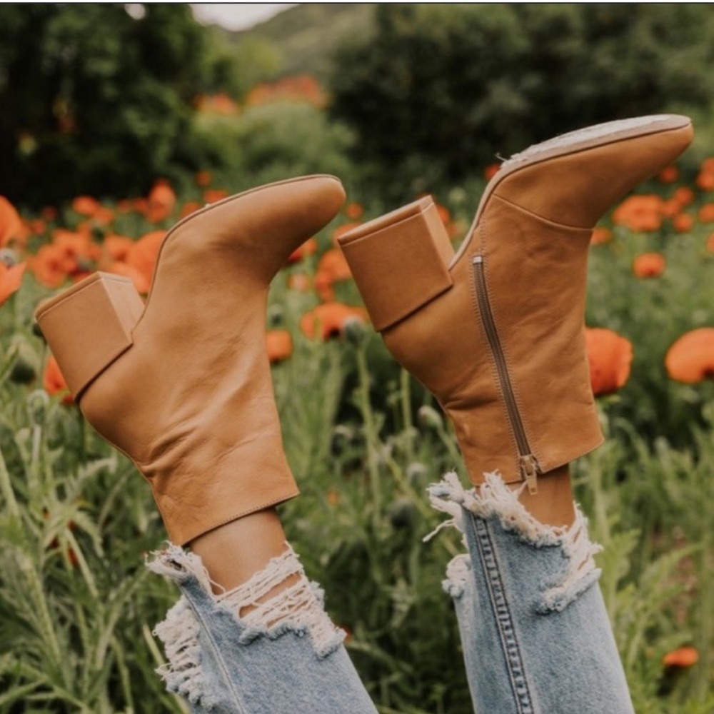 Free People Tan Leather Block Heel Ankle Boots